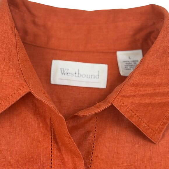 Westbound Orange Linen Button-Up LS Blouse Minimalist Beach Natural Large - Picture 3 of 14